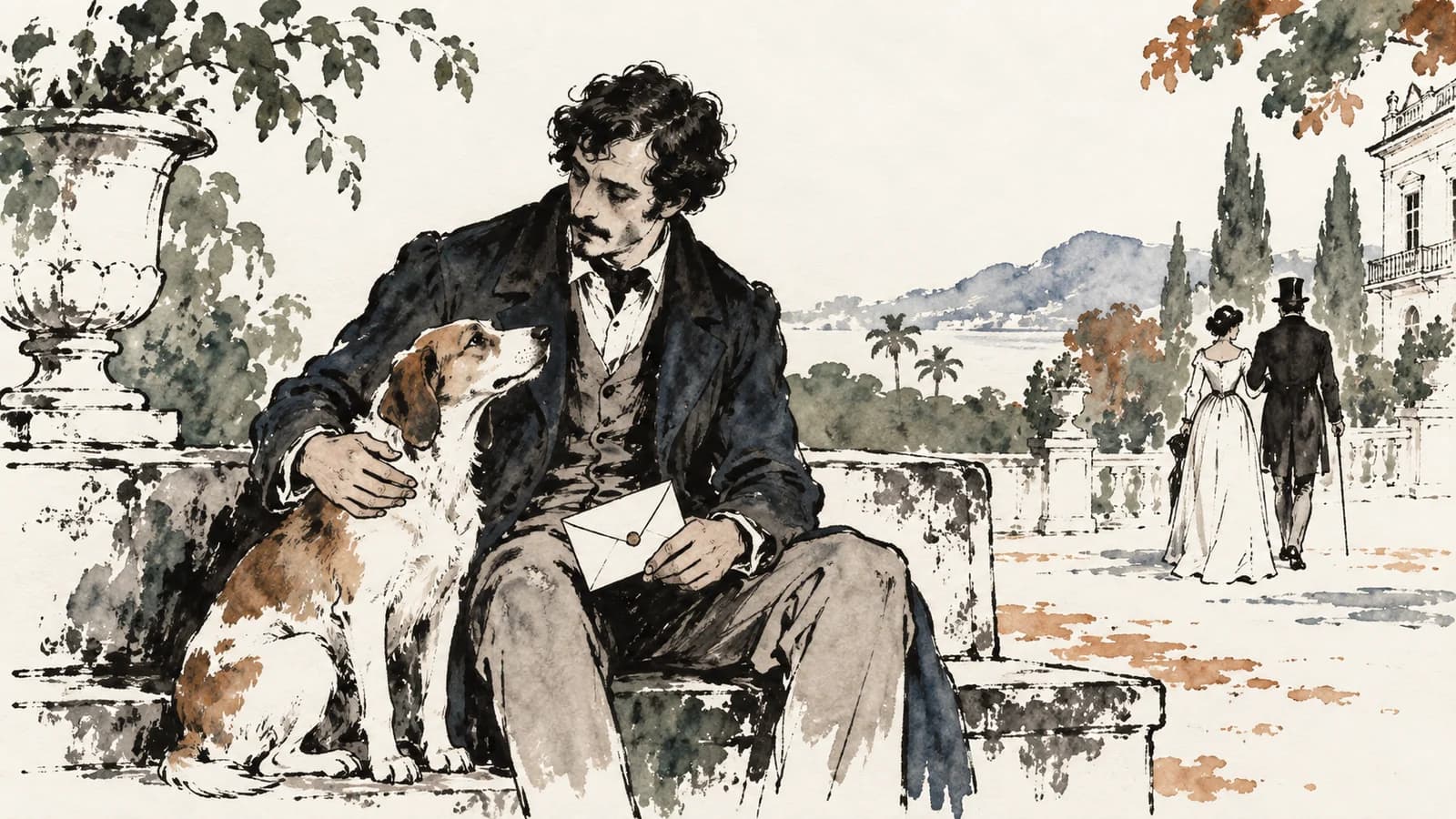 Ilustração de um homem com uma carta e um cão ao lado, em uma sala que se abre para a cidade