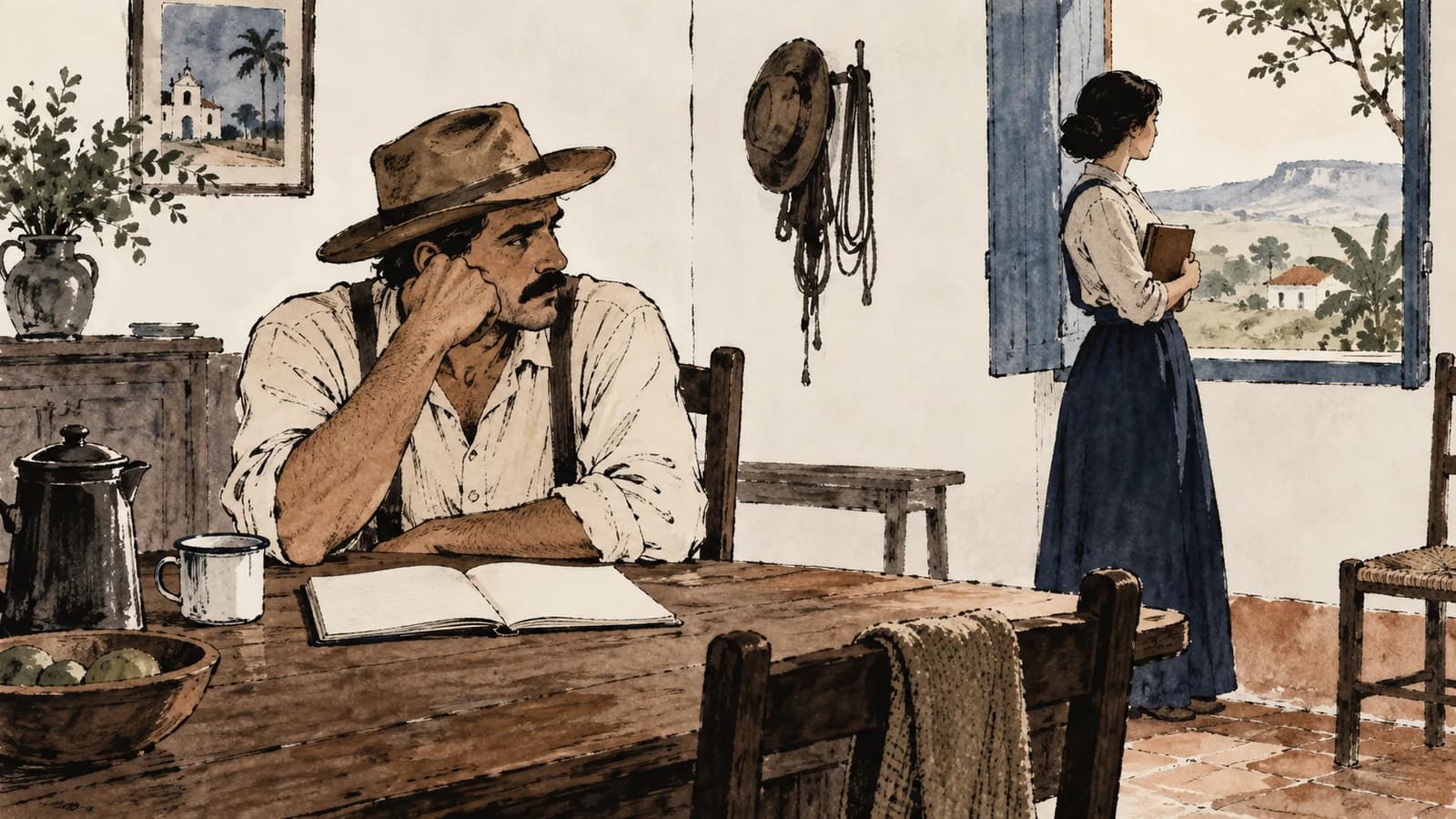 Ilustração de um homem sentado à mesa com papéis, enquanto uma mulher aparece junto à janela de uma casa rural