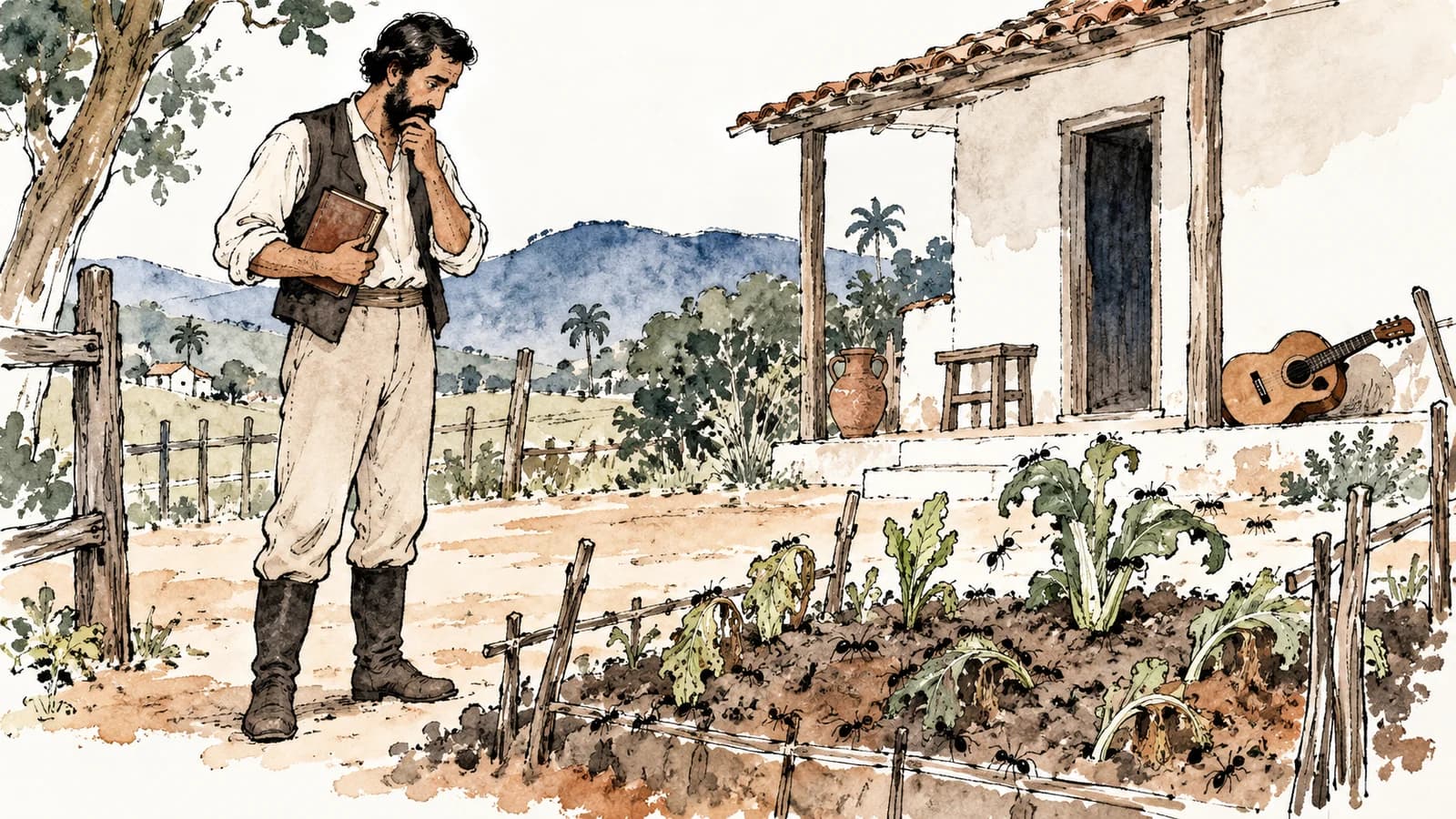 Ilustração de um homem entre uma pequena plantação e uma viola, com casa e formigas no jardim