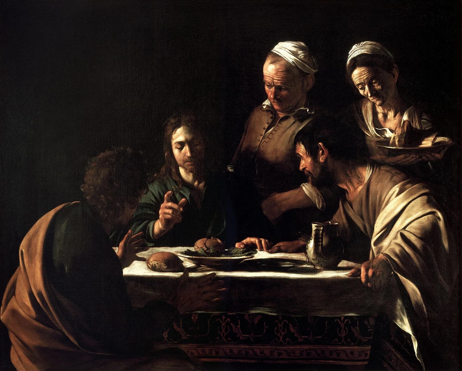 Luz sobre Cristo e os presentes à mesa na Ceia em Emaús de Caravaggio