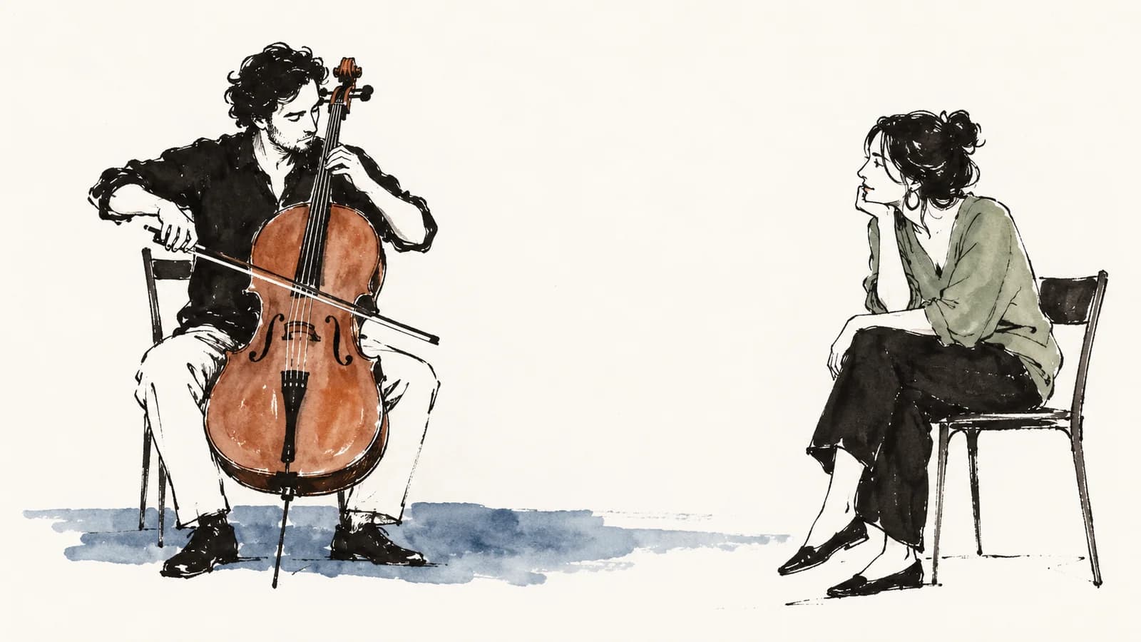 Uma ouvinte acompanha um violoncelista em uma apresentação intimista