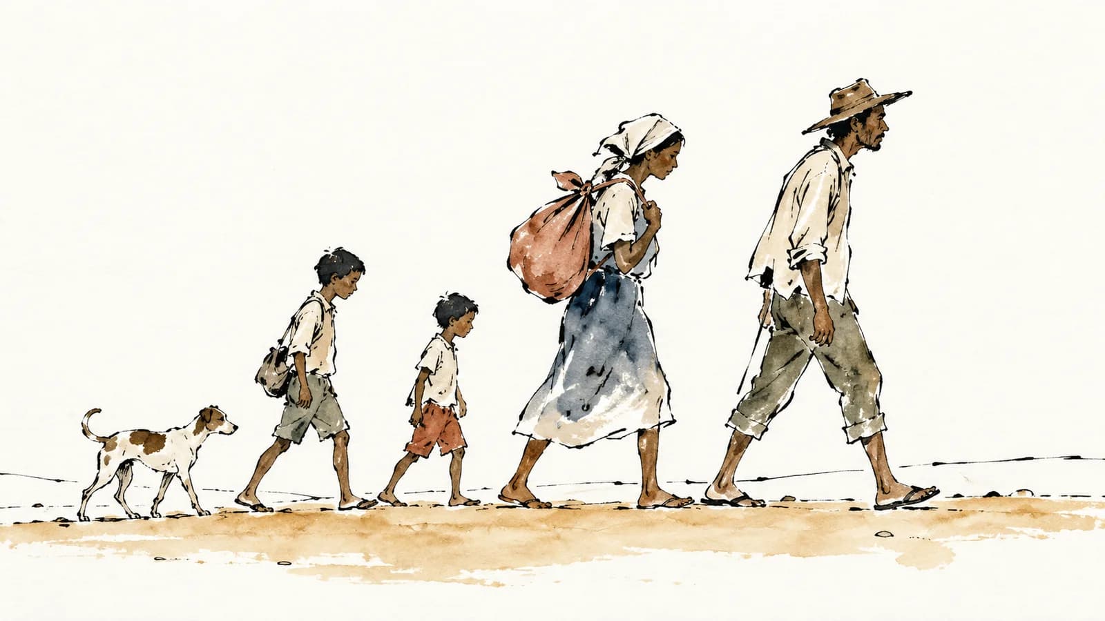 Família de retirantes com dois meninos e uma cadela caminha pelo sertão