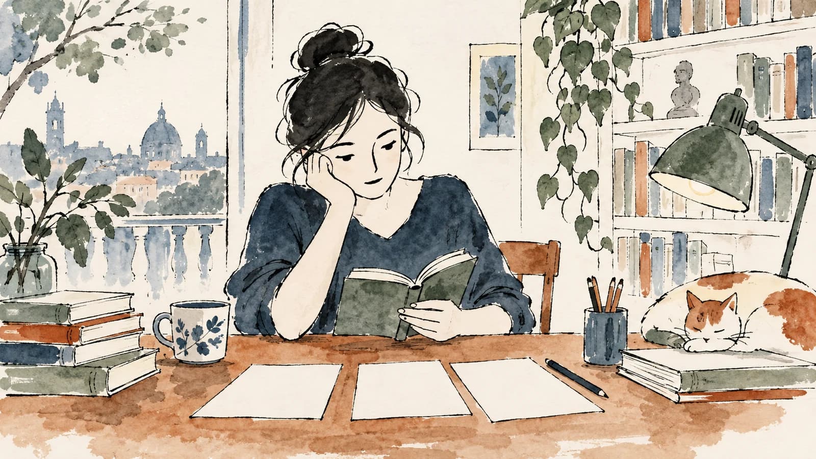 Ilustração de uma leitora à mesa organizando anotações diante de um livro aberto
