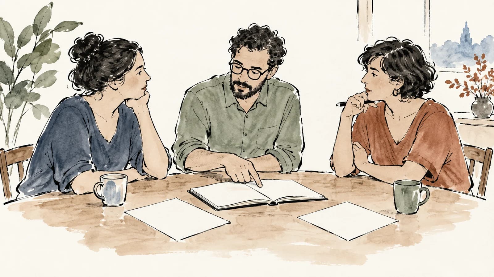 Ilustração de três adultos discutindo uma decisão à mesa, com papéis e caderno abertos