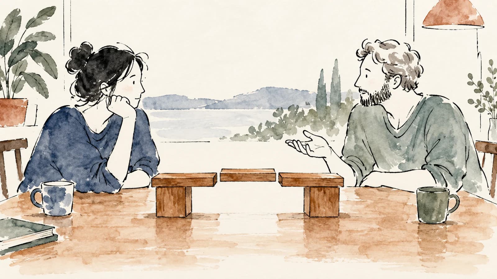 Ilustração de duas pessoas conversando diante de uma ponte de pequenas peças de madeira com um intervalo