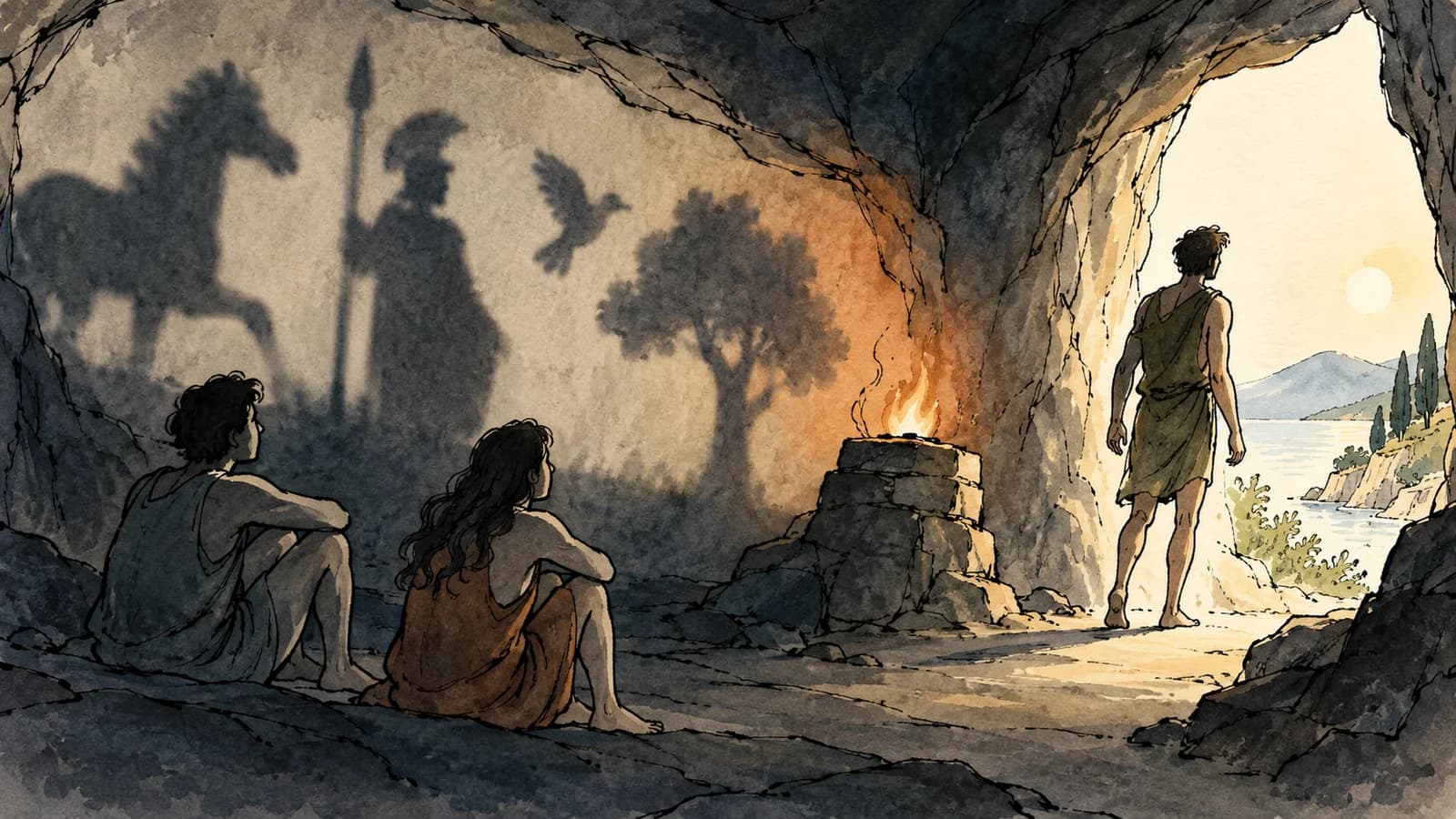 Ilustração de pessoas diante de sombras numa caverna enquanto uma delas caminha para a saída iluminada