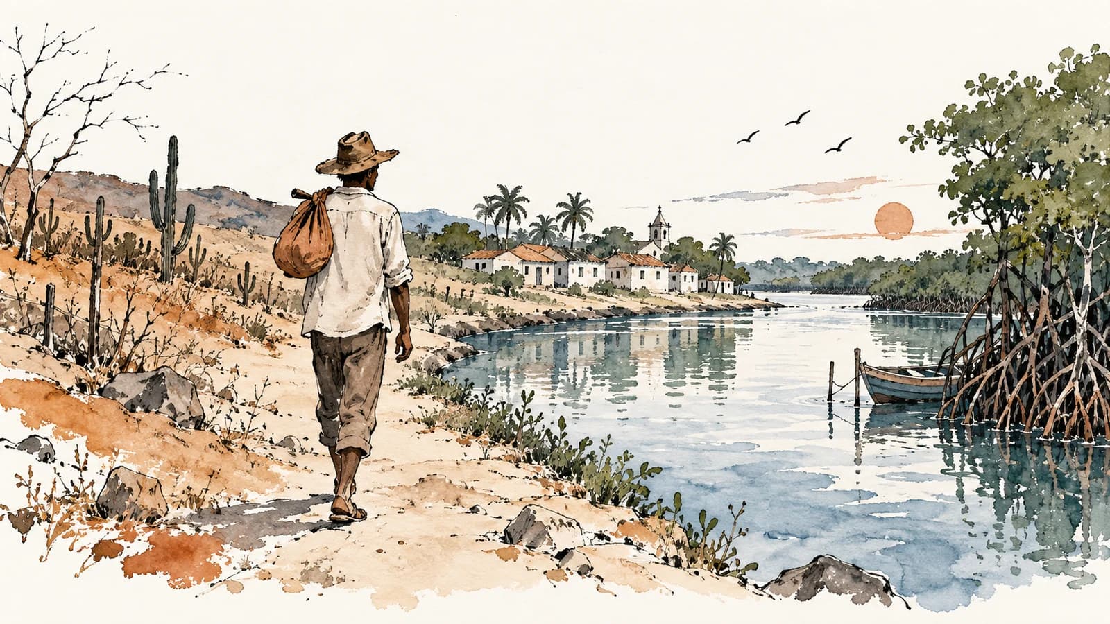Ilustração de um retirante caminhando junto a um rio, entre a vegetação seca e casas próximas ao mangue