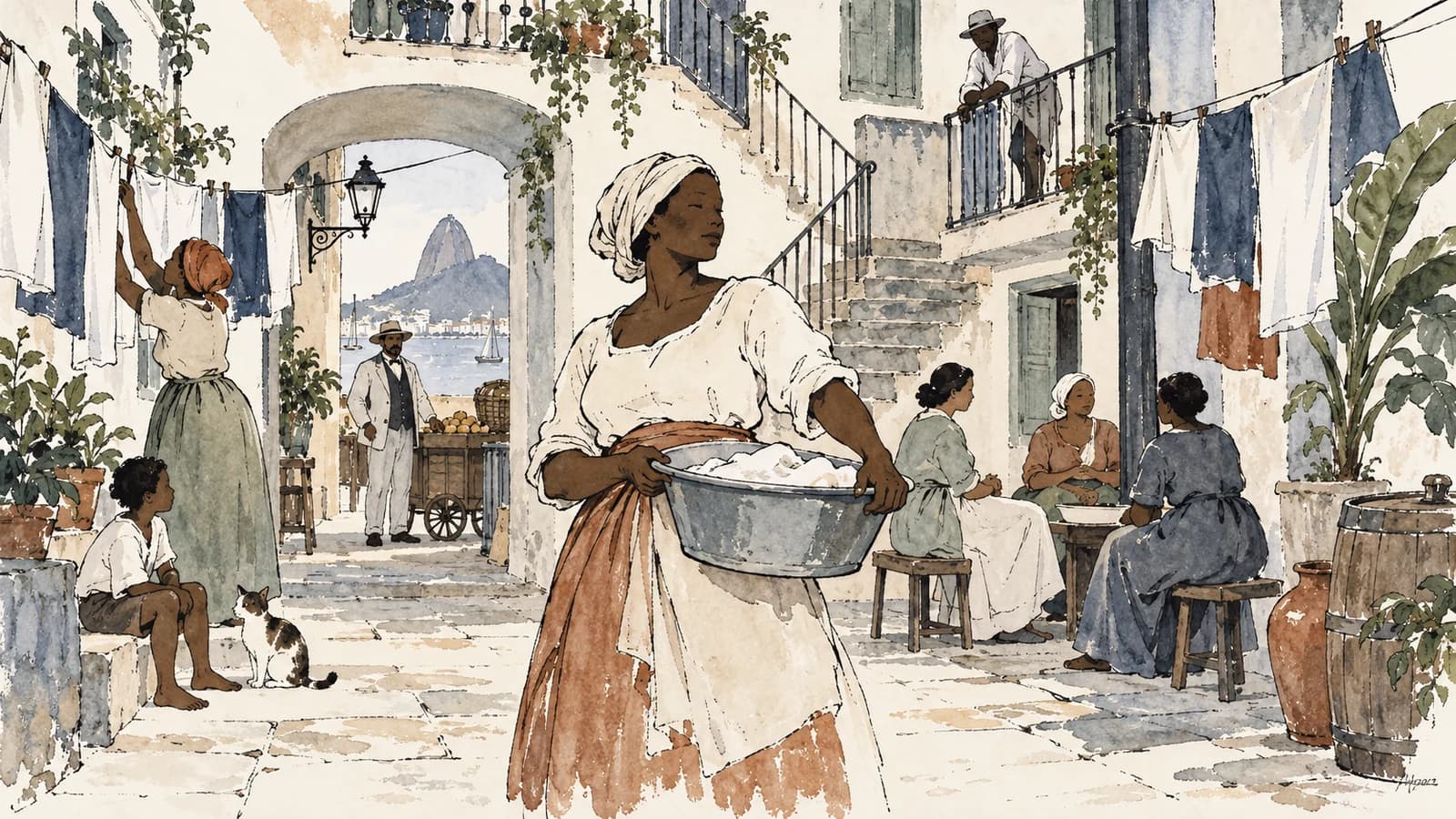Ilustração de moradores em um pátio de cortiço, com uma trabalhadora segurando uma bacia e varais ao fundo