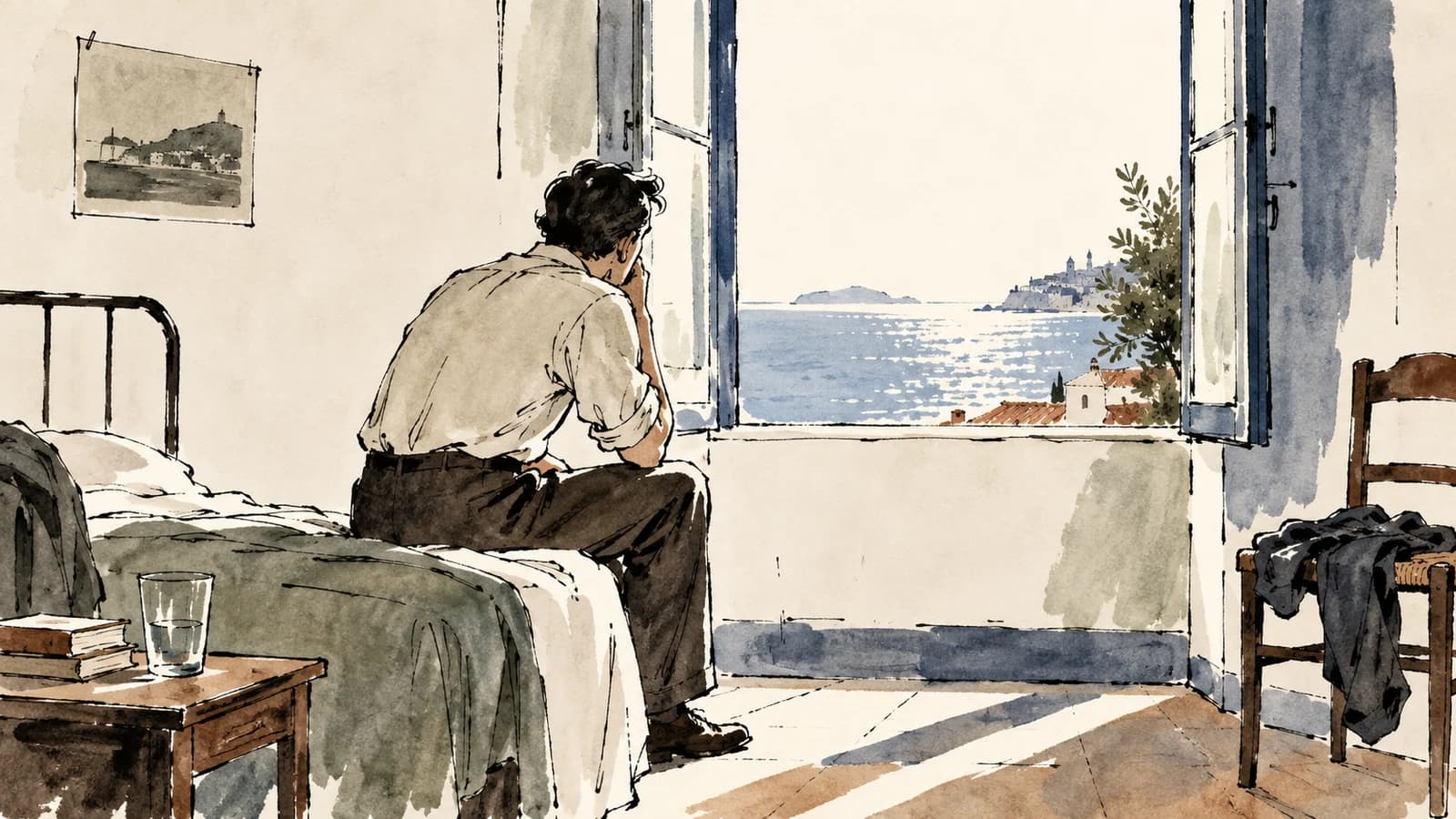Ilustração de um homem sentado em um quarto simples diante de uma janela aberta para o mar e a luz