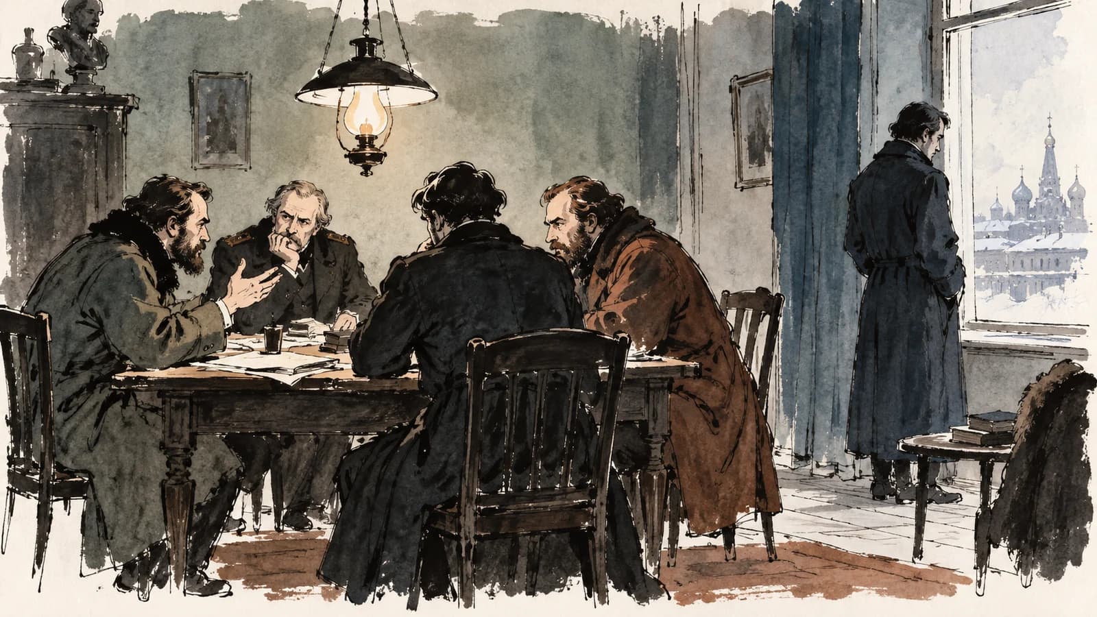 Ilustração de homens em roupas russas do século XIX reunidos à mesa enquanto uma figura se afasta junto à janela
