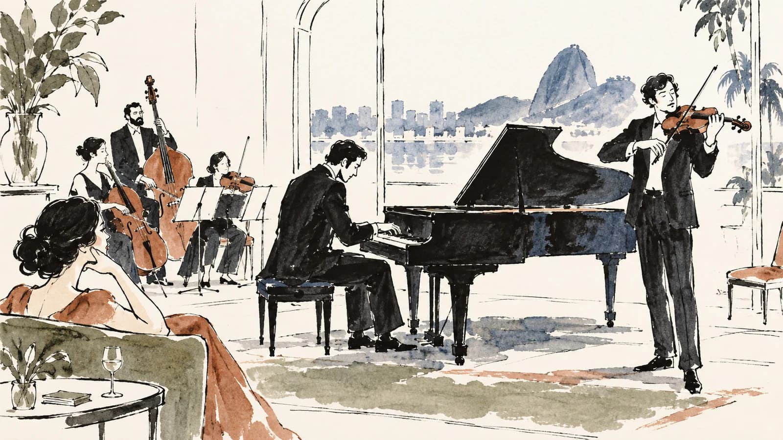 Ilustração de pianista, violinista e conjunto de cordas diante de uma ouvinte