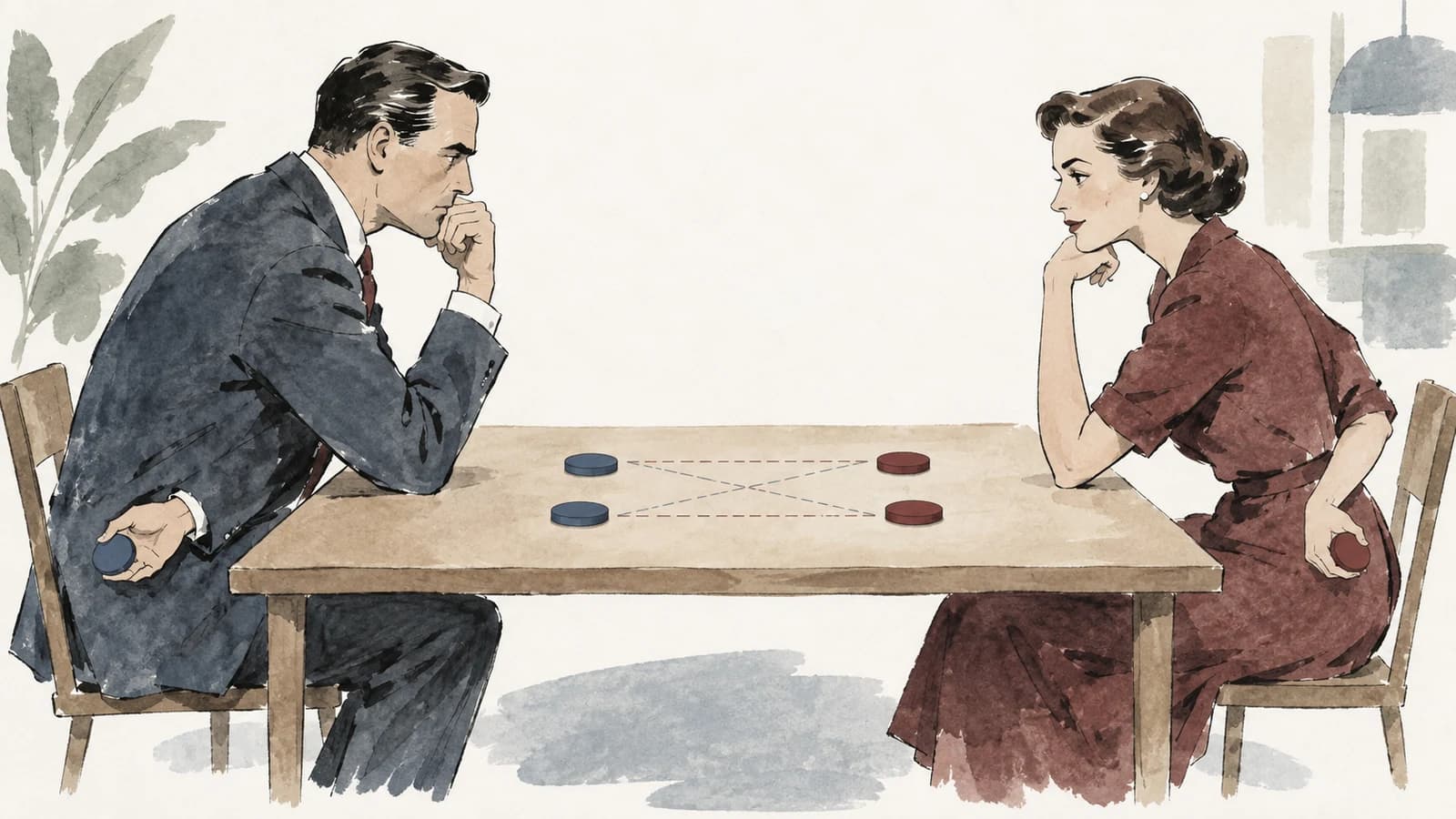 Duas pessoas escolhem fichas sem revelar a decisão uma à outra, em ilustração editorial