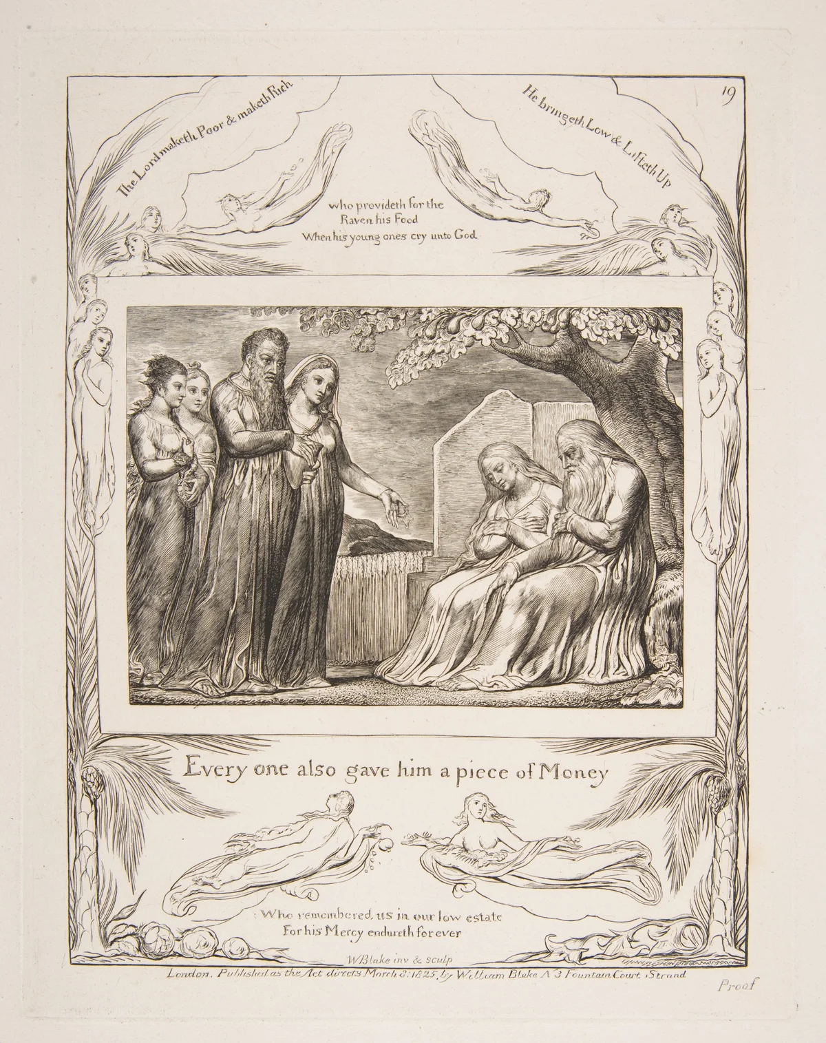 Gravura de William Blake: Jó sentado junto à mulher recebe ajuda de outras pessoas, cercado por inscrições bíblicas