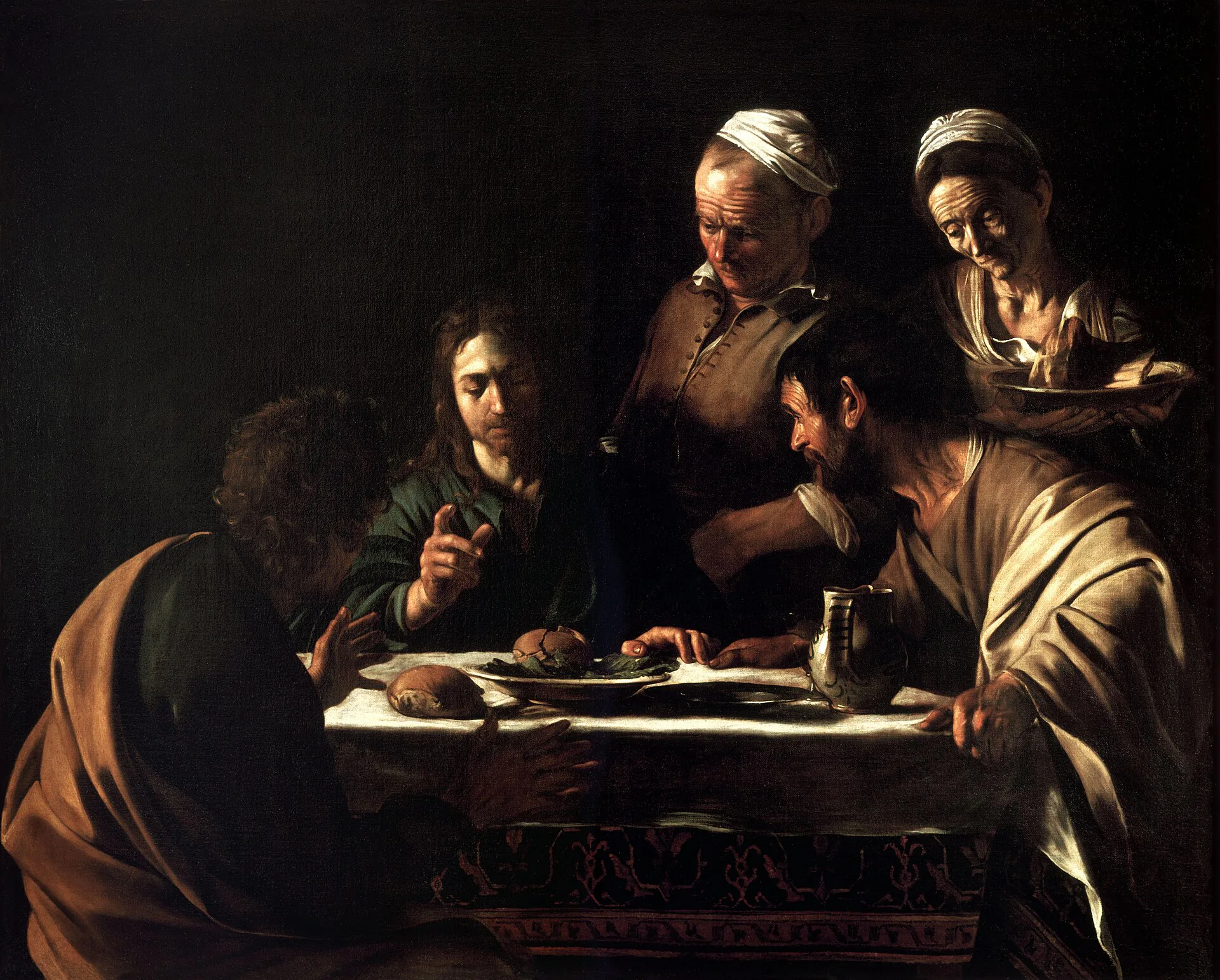 A Ceia em Emaús de 1606, de Caravaggio, com figuras iluminadas diante de um fundo escuro
