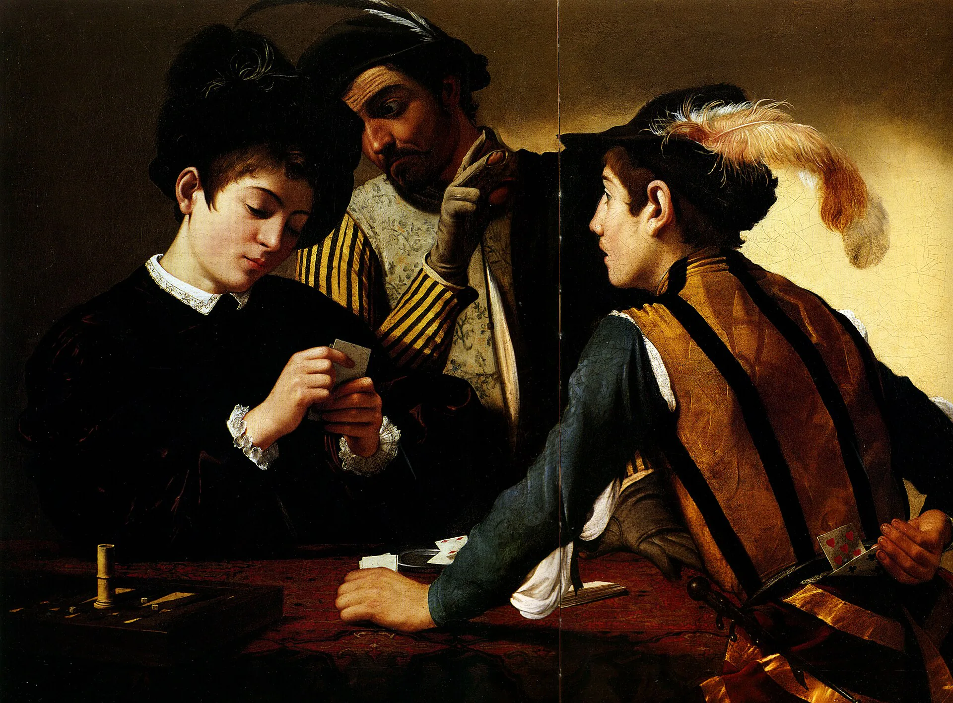 Os Trapaceiros, de Caravaggio, com dois jogadores enganando um jovem durante uma partida de cartas