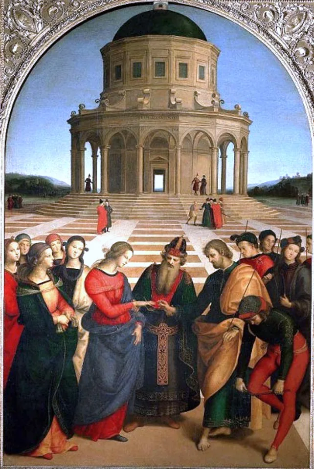 O Casamento da Virgem, de Rafael, organizado em torno de um templo central e grupos simétricos
