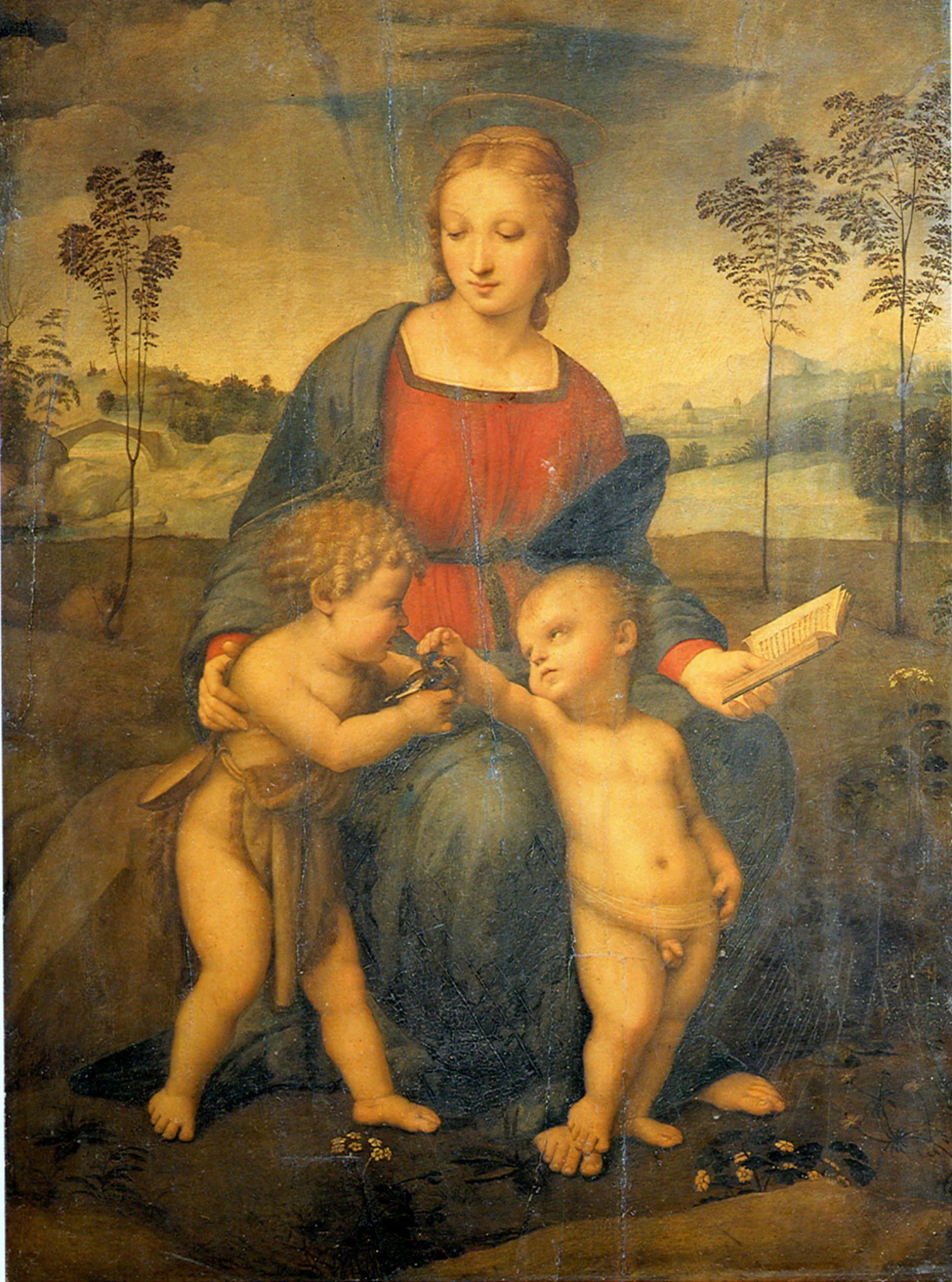 Madona do Pintassilgo, de Rafael, com Maria, o menino Jesus e João Batista em composição triangular