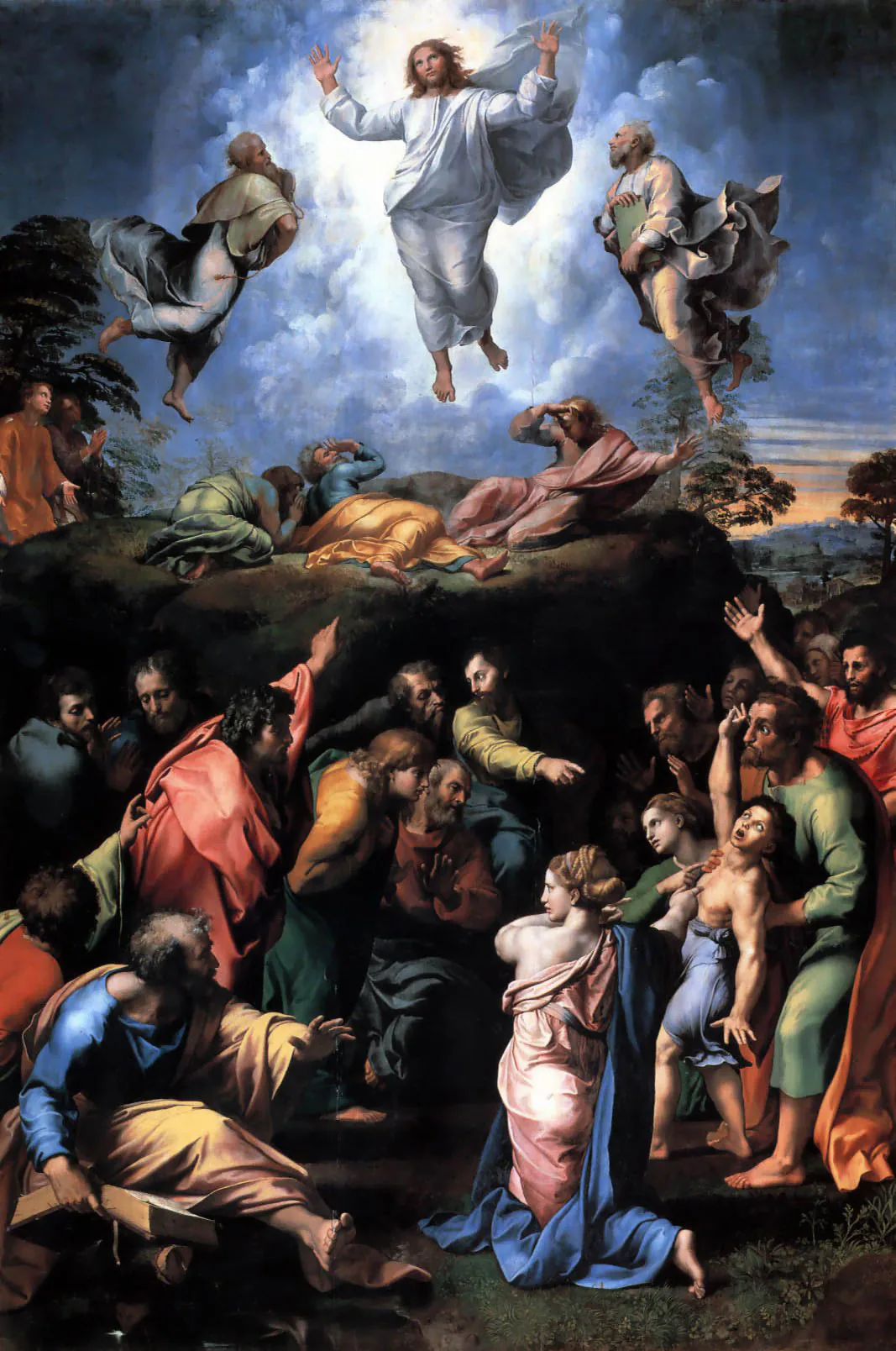 A Transfiguração, última grande pintura de Rafael, com Cristo acima e uma cena agitada abaixo