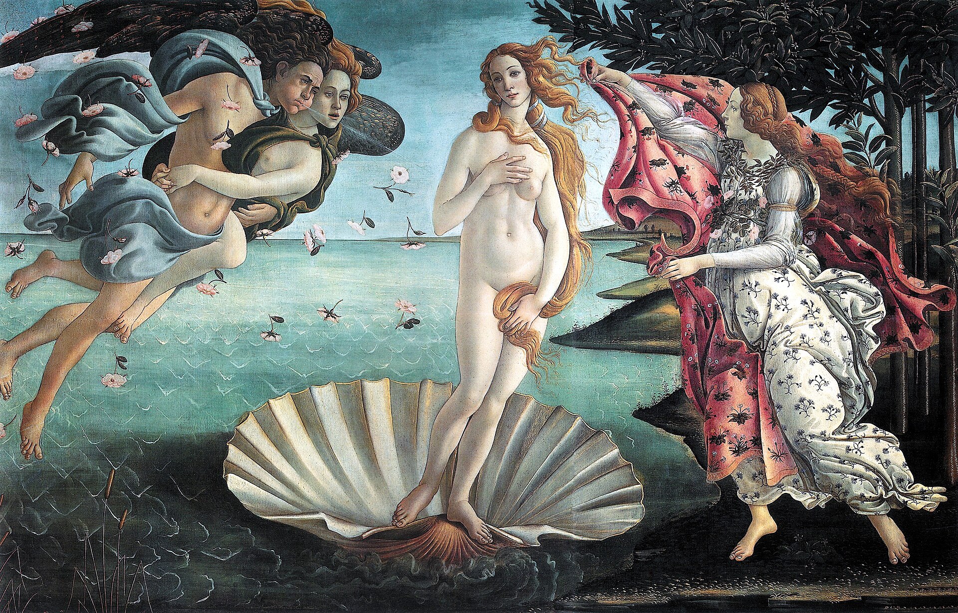 O Nascimento de Vênus, de Botticelli, com a deusa sobre uma concha chegando à praia