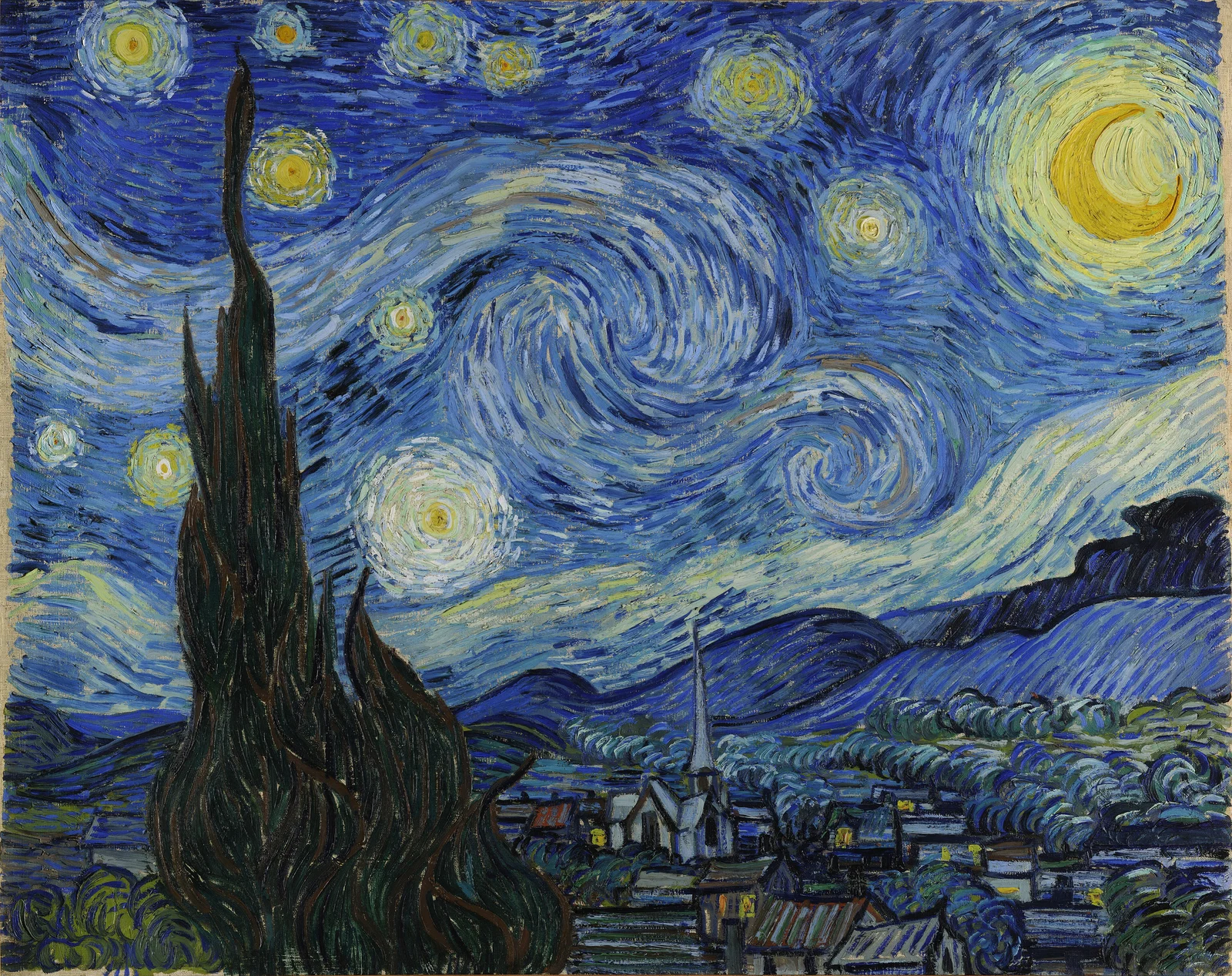 A Noite Estrelada, de Van Gogh: céu azul com estrelas luminosas e linhas em espiral sobre uma vila, com um cipreste escuro à esquerda