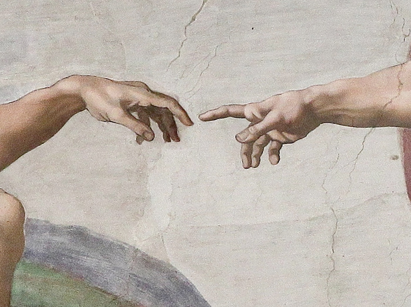 Michelangelo, Criação de Adão, detalhe das mãos de Deus e Adão quase se tocando, teto da Capela Sistina