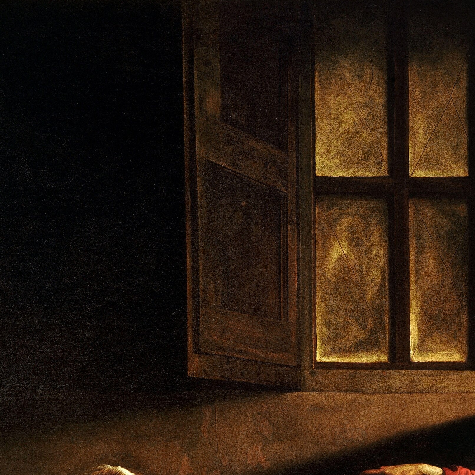 Detalhe da janela pintada no quadro de Caravaggio, com luz entrando em ângulo mais dramático do que a abertura real explicaria